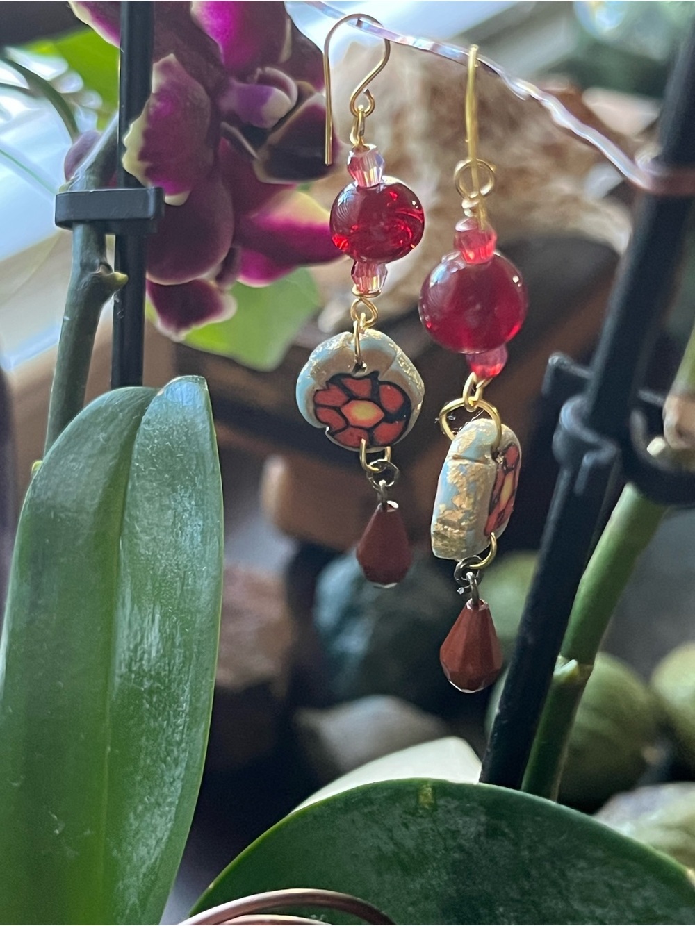 Red Glass and Ceramic Drop Earrings with Gold-Tone Hooks. Polymer clay